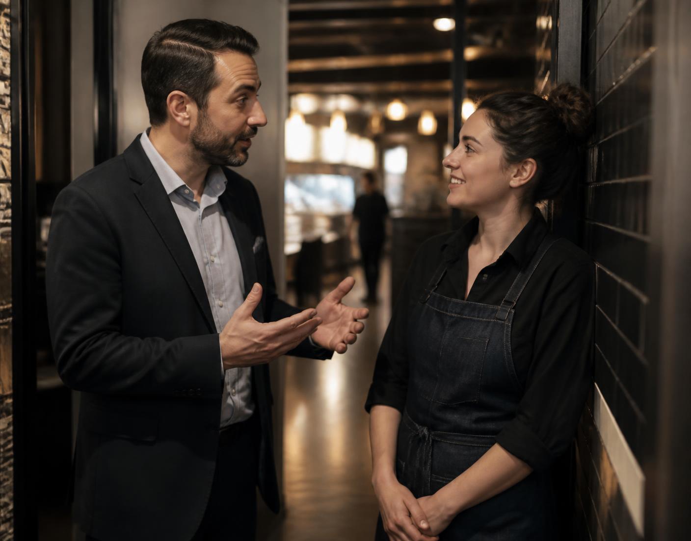A manager giving quiet one to one feedback to a server during a shift