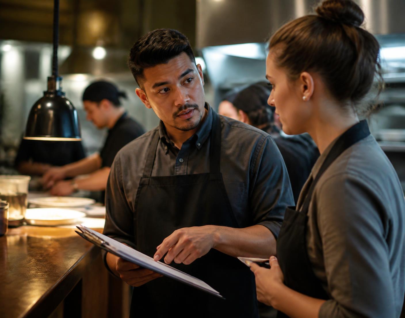 Two restaurant managers reviewing a shift plan together beside the kitchen pass