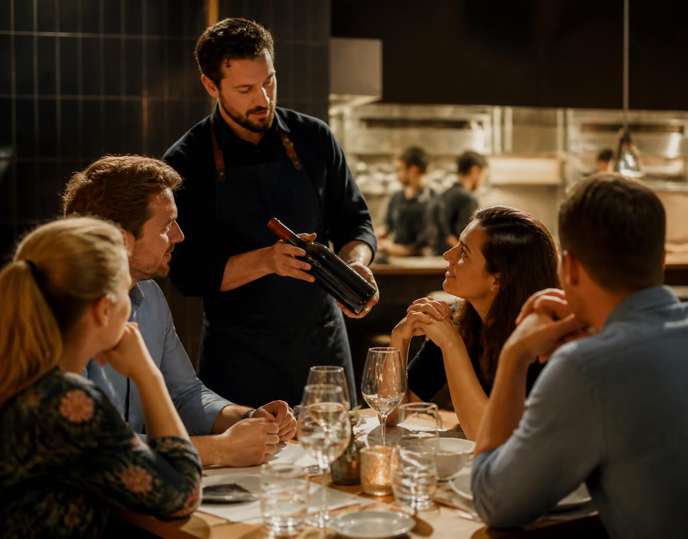 A server describing a wine to a table of four interested guests